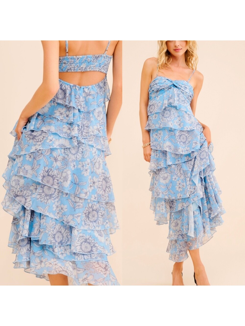 Ollari Blue Floral Tiered Midi Dress Size Medium Anthropologie Coquettecore